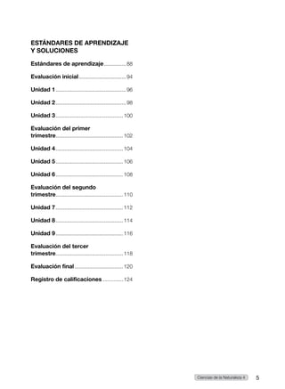 ESTÁNDARES DE APRENDIZAJE
Y SOLUCIONES
Estándares de aprendizaje................88
Evaluación inicial.................................94
Unidad 1.................................................96
Unidad 2.................................................98
Unidad 3...............................................100
Evaluación del primer
trimestre...............................................102
Unidad 4...............................................104
Unidad 5...............................................106
Unidad 6...............................................108
Evaluación del segundo
trimestre...............................................110
Unidad 7...............................................112
Unidad 8...............................................114
Unidad 9...............................................116
Evaluación del tercer
trimestre...............................................118
Evaluación final..................................120
Registro de calificaciones..............124
5
Ciencias de la Naturaleza 4
 