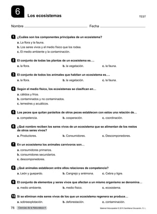 6 Los ecosistemas
Nombre Fecha
1 	 ¿Cuáles son los componentes principales de un ecosistema?
a. La flora y la fauna.
b. Los seres vivos y el medio físico que los rodea.
c. El medio ambiente y la contaminación.
2 	 El conjunto de todas las plantas de un ecosistema es….
a. la flora.	 b. la vegetación.	 c. la fauna.
3 	 El conjunto de todos los animales que habitan un ecosistema es….
a. la flora.	 b. la vegetación.	 c. la fauna.
4 	 Según el medio físico, los ecosistemas se clasifican en…
a. cálidos y fríos.
b. contaminados y no contaminados.
c. terrestres y acuáticos.
5 	 Los peces que quitan parásitos de otros peces establecen con estos una relación de…
a. competencia.	 b. cooperación.	 c. coordinación.
6 	 ¿Qué nombre reciben los seres vivos de un ecosistema que se alimentan de los restos
de otros seres vivos?
a. Productores.	 b. Consumidores.	 c. Descomponedores.
7 	 En un ecosistema los animales carnívoros son…
a. consumidores primarios.
b. consumidores secundarios.
c. descomponedores.
8 	 ¿Qué animales establecen entre ellos relaciones de competencia?
a. León y guepardo.	 b. Cangrejo y anémona.	 c. Cebra y tigre.
9 	 El conjunto de elementos y seres vivos que afectan a un mismo organismo se denomina…
a. medio ambiente.	 b. medio físico.	 c. ecosistema.
10	 Si se eliminan más seres vivos de los que un ecosistema regenera se produce…
a. sobreexplotación.	 b. deforestación.	 c. contaminación.
Test
Material fotocopiable © 2015 Santillana Educación, S. L.
78 Ciencias de la Naturaleza 4
 