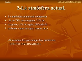2-La atmósfera actual. La atmósfera actual está compuesta  de un 78% de nitrógeno, 21% de  oxígeno y 1% de argón, (dióxido de  carbono, vapor de agua, ozono, etc.) -Si cambian los porcentajes hay problemas. EFECTO INVERNADERO. Índice IES La Corredoria Oviedo 