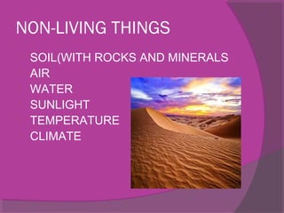 NON-LIVING THINGS
 SOIL(WITH ROCKS AND MINERALS
 AIR
 WATER
 SUNLIGHT
 TEMPERATURE
 CLIMATE
 