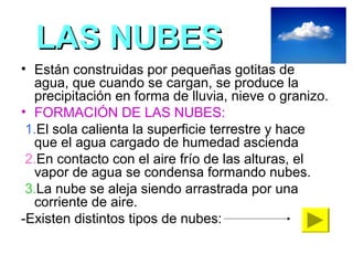 LAS NUBESLAS NUBES
• Están construidas por pequeñas gotitas de
agua, que cuando se cargan, se produce la
precipitación en forma de lluvia, nieve o granizo.
• FORMACIÓN DE LAS NUBES:
1.El sola calienta la superficie terrestre y hace
que el agua cargado de humedad ascienda
2.En contacto con el aire frío de las alturas, el
vapor de agua se condensa formando nubes.
3.La nube se aleja siendo arrastrada por una
corriente de aire.
-Existen distintos tipos de nubes:
 