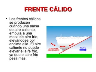 FRENTE CÁLIDOFRENTE CÁLIDO
• Los frentes cálidos
se producen
cuando una masa
de aire caliente,
empuja a una
masa de aire frío,
elevándose por
encima ella. El aire
caliente no puede
elevar el aire frío,
ya que el aire frío
pesa más.
 