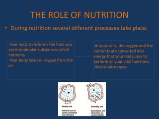 THE ROLE OF NUTRITION
• During nutrition several different processes take place:
-Your body transforms the food you
eat into simpler substances called
nutrients
-Your body takes in oxygen from the
air
-In your cells, the oxygen and the
nutrients are converted into
energy that your body uses to
perform all your vital functions.
-Waste substances
 