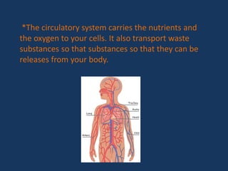 *The circulatory system carries the nutrients and
the oxygen to your cells. It also transport waste
substances so that substances so that they can be
releases from your body.
 