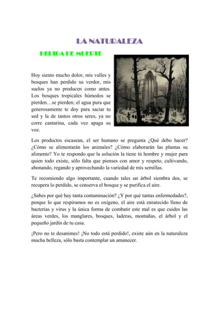 LA NATURALEZA
HERIDA DE MUERTE
Hoy siento mucho dolor, mis valles y
bosques han perdido su verdor, mis
suelos ya no producen como antes.
Los bosques tropicales húmedos se
pierden…se pierden; el agua pura que
generosamente te doy para saciar tu
sed y la de tantos otros seres, ya no
corre cantarina, cada vez apaga su
voz.
Los productos escasean, el ser humano se pregunta ¿Qué debo hacer?
¿Cómo se alimentarán los animales? ¿Cómo elaborarán las plantas su
alimento? Yo te respondo que la solución la tiene tú hombre y mujer para
quien todo existe, sólo falta que pienses con amor y respeto, cultivando,
abonando, regando y aprovechando la variedad de mis semillas.
Te recomiendo algo importante, cuando tales un árbol siembra dos, se
recupera lo perdido, se conserva el bosque y se purifica el aire.
¿Sabes por qué hay tanta contaminación? ¿Y por qué tantas enfermedades?,
porque lo que respiramos no es oxígeno, el aire está enrarecido lleno de
bacterias y virus y la única forma de combatir este mal es que cuides las
áreas verdes, los manglares, bosques, laderas, montañas, el árbol y el
pequeño jardín de tu casa.
¡Pero no te desanimes! ¡No todo está perdido!, existe aún en la naturaleza
mucha belleza, sólo basta contemplar un amanecer.
 