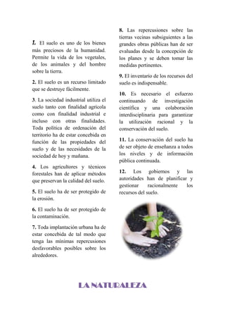 1. El suelo es uno de los bienes
más preciosos de la humanidad.
Permite la vida de los vegetales,
de los animales y del hombre
sobre la tierra.
2. El suelo es un recurso limitado
que se destruye fácilmente.
3. La sociedad industrial utiliza el
suelo tanto con finalidad agrícola
como con finalidad industrial e
incluso con otras finalidades.
Toda política de ordenación del
territorio ha de estar concebida en
función de las propiedades del
suelo y de las necesidades de la
sociedad de hoy y mañana.
4. Los agricultores y técnicos
forestales han de aplicar métodos
que preservan la calidad del suelo.
5. El suelo ha de ser protegido de
la erosión.
6. El suelo ha de ser protegido de
la contaminación.
7. Toda implantación urbana ha de
estar concebida de tal modo que
tenga las mínimas repercusiones
desfavorables posibles sobre los
alrededores.
8. Las repercusiones sobre las
tierras vecinas subsiguientes a las
grandes obras públicas han de ser
evaluadas desde la concepción de
los planes y se deben tomar las
medidas pertinentes.
9. El inventario de los recursos del
suelo es indispensable.
10. Es necesario el esfuerzo
continuando de investigación
científica y una colaboración
interdisciplinaria para garantizar
la utilización racional y la
conservación del suelo.
11. La conservación del suelo ha
de ser objeto de enseñanza a todos
los niveles y de información
pública continuada.
12. Los gobiernos y las
autoridades han de planificar y
gestionar racionalmente los
recursos del suelo.
LA NATURALEZA
 
