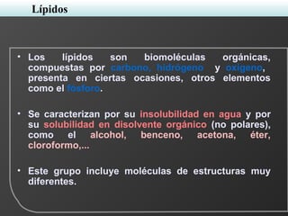 Lípidos
• Los lípidos son biomoléculas orgánicas,
compuestas por carbono, hidrógeno y oxígeno,
presenta en ciertas ocasiones, otros elementos
como el fósforo.
• Se caracterizan por su insolubilidad en agua y por
su solubilidad en disolvente orgánico (no polares),
como el alcohol, benceno, acetona, éter,
cloroformo,...
• Este grupo incluye moléculas de estructuras muy
diferentes.
 
