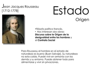 J ean Jacques Rousseau [1712-1778] Estado Origen Filósofo político francés. Nos interesan dos obras:  Discurso sobre le Origen de la desigualdad entre los hombres  y el  Contrato Social Para Rousseau el hombre en el estado de naturaleza es bueno [Buen Salvaje]. Su naturaleza no esta caída. Puede vivir en armonía con los demás y su entorno. Puede obtener todo para alimentarse y vivir sin privaciones.  