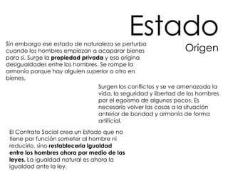Estado Origen Sin embargo ese estado de naturaleza se perturba cuando los hombres empiezan a acaparar bienes para sí. Surge la  propiedad privada  y eso origina desigualdades entre los hombres. Se rompe la armonía porque hay alguien superior a otro en bienes.   Surgen los conflictos y se ve amenazada la vida, la seguridad y libertad de los hombres por el egoísmo de algunos pocos. Es necesario volver las cosas a la situación anterior de bondad y armonía de forma artificial. El Contrato Social crea un Estado que no tiene por función someter al hombre ni reducirlo, sino  restablecerla igualdad entre los hombres ahora por medio de las leyes.  La igualdad natural es ahora la igualdad ante la ley. 