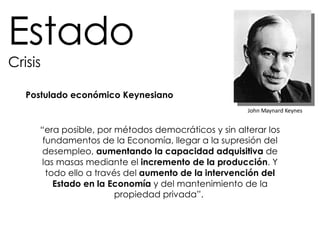 Estado Crisis John Maynard Keynes “ era posible, por métodos democráticos y sin alterar los fundamentos de la Economía, llegar a la supresión del desempleo,  aumentando la capacidad adquisitiva  de las masas mediante el  incremento de la producción . Y todo ello a través del  aumento de la intervención del Estado en la Economía  y del mantenimiento de la propiedad privada”.  Postulado económico Keynesiano 