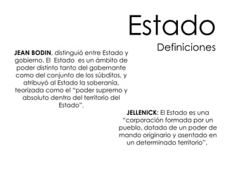 Estado Definiciones JEAN BODIN , distinguió entre Estado y gobierno. El  Estado  es un ámbito de poder distinto tanto del gobernante como del conjunto de los súbditos, y atribuyó al Estado la soberanía, teorizada como el “poder supremo y absoluto dentro del territorio del Estado” . JELLENICK : El Estado es una “corporación formada por un pueblo, dotado de un poder de mando originario y asentado en un determinado territorio”.  