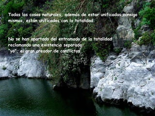 Todas las cosas naturales, además de estar unificadas consigo mismas, están unificadas con la totalidad. No se han apartado del entramado de la  totalidad   reclamando una existencia separada:  “ yo”, el  gran  creador de  conflictos . 
