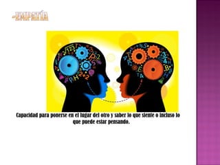 Capacidad para ponerse en el lugar del otro y saber lo que siente o incluso lo
que puede estar pensando.

 