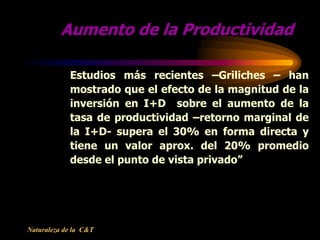 Aumento de la Productividad

            Estudios más recientes –Griliches – han
            mostrado que el efecto de la ...