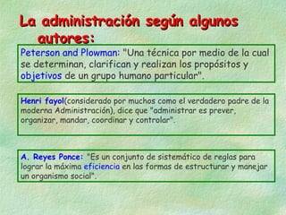 La administración según algunos
autores:

Peterson and Plowman: "Una técnica por medio de la cual
se determinan, clarifican y realizan los propósitos y
objetivos de un grupo humano particular".
Henri fayol(considerado por muchos como el verdadero padre de la
moderna Administración), dice que "administrar es prever,
organizar, mandar, coordinar y controlar".

A. Reyes Ponce: "Es un conjunto de sistemático de reglas para
lograr la máxima eficiencia en las formas de estructurar y manejar
un organismo social".

 