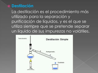 Destilación 	La destilación es el procedimiento más utilizado para la separación y purificación de líquidos, y es el que se utiliza siempre que se pretende separar un líquido de sus impurezas no volátiles.