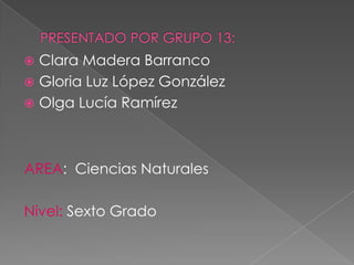 PRESENTADO POR GRUPO 13: Clara Madera BarrancoGloria Luz López GonzálezOlga Lucía Ramírez AREA:  Ciencias NaturalesNivel: Sexto Grado