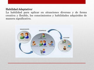 Habilidad Adaptativa:
La habilidad para aplicar en situaciones diversas y de forma
creativa y flexible, los conocimientos y habilidades adquiridos de
manera significativa.
 