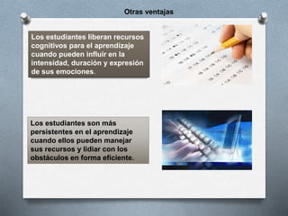 Los estudiantes liberan recursos
cognitivos para el aprendizaje
cuando pueden influir en la
intensidad, duración y expresión
de sus emociones.
Los estudiantes son más
persistentes en el aprendizaje
cuando ellos pueden manejar
sus recursos y lidiar con los
obstáculos en forma eficiente.
Otras ventajas
 