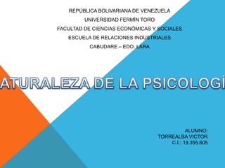 REPÚBLICA BOLIVARIANA DE VENEZUELA
         UNIVERSIDAD FERMÍN TORO
FACULTAD DE CIENCIAS ECONÓMICAS Y SOCIALES
   ESCUELA DE RELACIONES INDUSTRIALES
          CABUDARE – EDO. LARA




                                              ALUMNO:
                                   TORREALBA VICTOR
                                       C.I.: 19.355.605
 