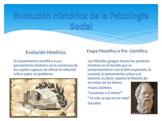 Evolución Histórica.                   Etapa Filosófica o Pre- Científica.

El conocimiento científico es un               Los filósofos griegos fueron los primeros
pensamiento dinámico en la conciencia de       hombres en el mundo que se
los sujetos capaces de utilizar la reflexión   comprometieron con la libre expresión, lo
crítica sobre un problema.                     racional, el pensamiento critico y el
                                               laicismo, es decir, separar la filosofía de
                                               los mitos de los dioses.
                                               Frases Celebres:
                                               “Conócete a ti mismo”
                                               “Yo solo se que no se nada”
                                               Sócrates
 