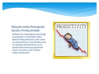 Relación entre Percepción
Social y Productividad
Debido a las expectativas que tenga
la sociedad o un individuo sobre
determinado producto y este cubre
sus expectativas y necesidades, esto
se relaciona directamente con la
producción puesto que generaría
mayor consumo y por lo tanto
mayor producción.
 