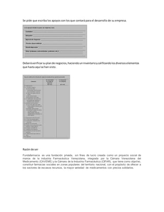 Se pide que escriba los apoyos con los que contará para el desarrollo de su empresa.
Deberáverificarsuplande negocios,haciendouninventarioycalificandolosdiversoselementos
que hasta aquí se han visto.
Razón de ser
Fundafarmacia es una fundación privada, sin fines de lucro creada como un proyecto social de
manos de la industria Farmacéutica Venezolana, integrada por la Cámara Venezolana del
Medicamento (CAVEME) y la Cámara de la Industria Farmacéutica (CIFAR), que tiene como objetivo,
constituir farmacias sociales en zonas populares del territorio nacional, con el propósito de ofrecer a
los sectores de escasos recursos, la mayor variedad de medicamentos con precios solidarios.
 