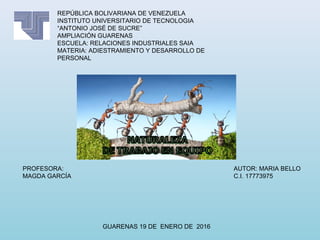 REPÚBLICA BOLIVARIANA DE VENEZUELA
INSTITUTO UNIVERSITARIO DE TECNOLOGIA
“ANTONIO JOSÉ DE SUCRE”
AMPLIACIÓN GUARENAS
ESCUELA: RELACIONES INDUSTRIALES SAIA
MATERIA: ADIESTRAMIENTO Y DESARROLLO DE
PERSONAL
AUTOR: MARIA BELLO
C.I. 17773975
GUARENAS 19 DE ENERO DE 2016
PROFESORA:
MAGDA GARCÍA
 