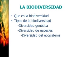 LA BIODIVERSIDAD
• Que es la biodiversidad
• Tipos de la biodiversidad
-Diversidad genética
-Diversidad de especies
-Diversidad del ecosistema
 
