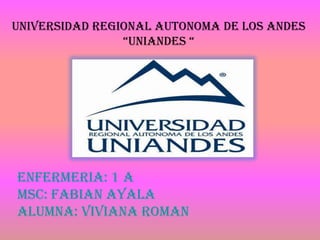 UNIVERSIDAD REGIONAL AUTONOMA DE LOS ANDES
“UNIANDES “
ENFERMERIA: 1 A
MSC: FABIAN AYALA
ALUMNA: VIVIANA ROMAN
 