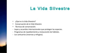 • ¿Qué es la Vida Silvestre?
• Conservación de la Vida Silvestre
• Técnicas de conservación.
- Leyes y acuerdos internacionales que protegen las especies.
- Programas de repoblamiento y restauración de hábitats.
- Los santuarios (reservas y refugios).
 