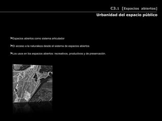C3.1 [Espacios abiertos]
                                                                       Urbanidad del espacio público




>Espacios abiertos como sistema articulador

>El acceso a la naturaleza desde el sistema de espacios abiertos

>Los usos en los espacios abiertos: recreativos, productivos y de preservación.
 