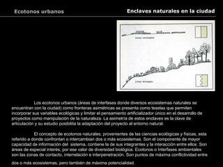 Ecotonos urbanos                                             Enclaves naturales en la ciudad




            Los ecotonos urbanos (áreas de interfases donde diversos ecosistemas naturales se
encuentran con la ciudad) como fronteras asimétricas se presenta como teselas que permiten
incorporar sus variables ecológicas y limitar el pensamiento artificializador único en el desarrollo de
proyectos como manipulación de la naturaleza. La asimetría de estos enclaves es la clave de
articulación y su estudio posibilita la adaptación del proyecto al entorno natural.

            El concepto de ecotonos naturales, provenientes de las ciencias ecológicas y físicas, esta
referido a donde confrontan o intercambian dos o más ecosistemas. Son el componente de mayor
capacidad de información del sistema, contiene la de sus integrantes y la interacción entre ellos. Son
áreas de especial interés, por ese valor de diversidad biológica. Ecotonos o Interfases ambientales
son las zonas de contacto, interrelación e interpenetración. Son puntos de máxima conflictividad entre
dos o más ecosistemas, pero también de máxima potencialidad.
 