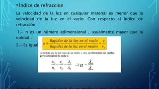 • Índice de refraccion
La velocidad de la luz en cualquier material es menor que la
velocidad de la luz en el vacío. Con respecto al índice de
refracción:
1.- n es un número adimensional , usualmente mayor que la
unidad .
2.- Es igual a la unidad para el vacío.
 