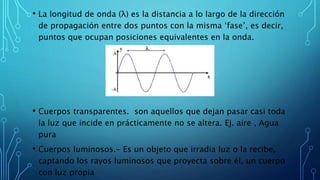 • La longitud de onda (λ) es la distancia a lo largo de la dirección
de propagación entre dos puntos con la misma ‘fase’, es decir,
puntos que ocupan posiciones equivalentes en la onda.
• Cuerpos transparentes. son aquellos que dejan pasar casi toda
la luz que incide en prácticamente no se altera. Ej. aire , Agua
pura
• Cuerpos luminosos.- Es un objeto que irradia luz o la recibe,
captando los rayos luminosos que proyecta sobre él, un cuerpo
con luz propia
 