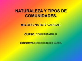NATURALEZA Y TIPOS DE
COMUNIDADES.
MG.REGINA BOY VARGAS.
CURSO: COMUNITARIA II.
ESTUDIANTE: ESTHER HONORIO GARCIA.
 
