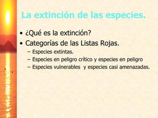 La extinción de las especies. ¿Qué es la extinción? Categorías de las Listas Rojas. Especies extintas. Especies en peligro crítico y especies en peligro Especies vulnerables  y especies casi amenazadas. 