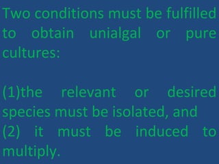 Two conditions must be fulfilled
to obtain unialgal or pure
cultures:
(1)the relevant or desired
species must be isolated, and
(2) it must be induced to
multiply.
 
