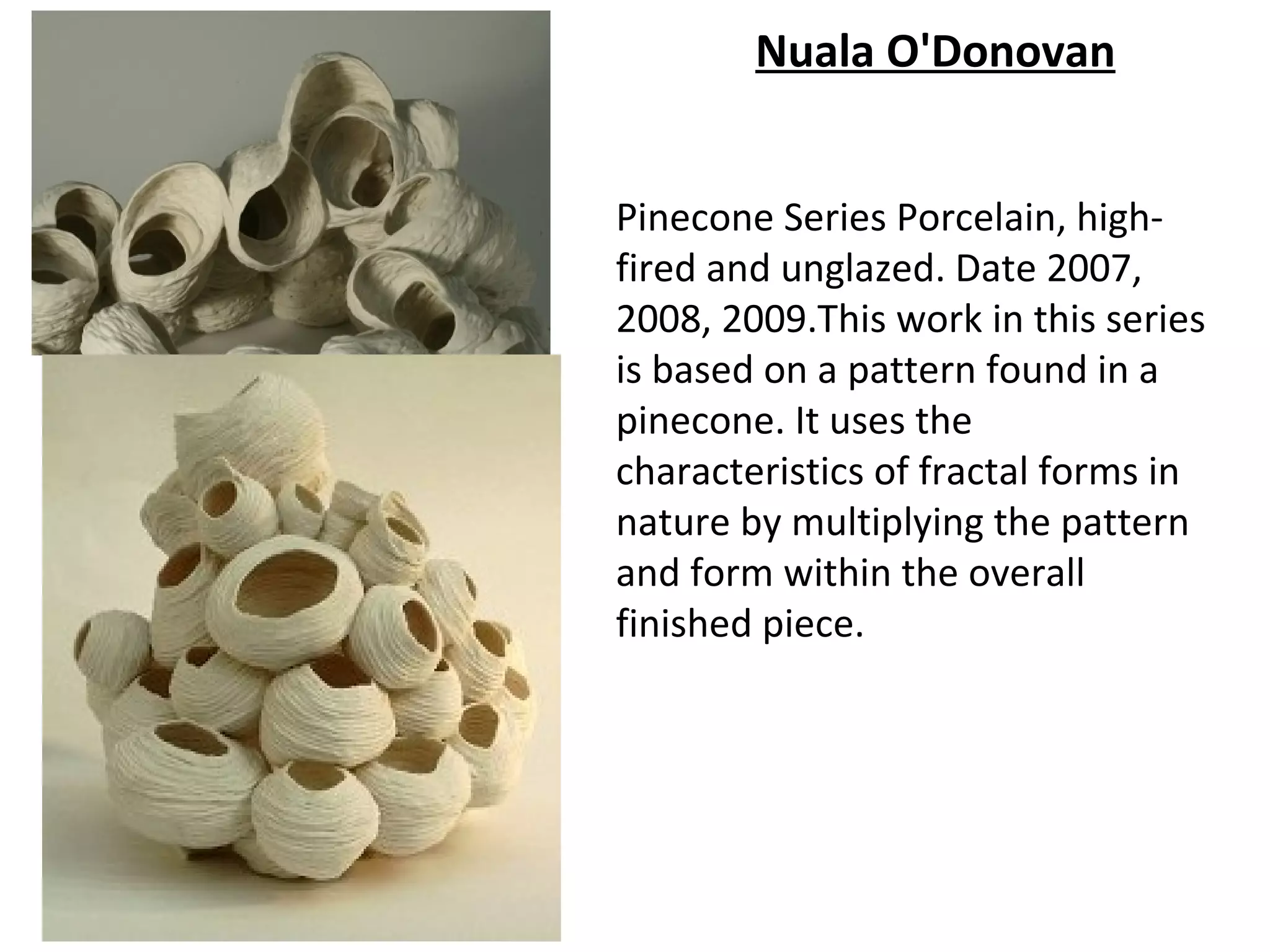 Nuala O'Donovan


Pinecone Series Porcelain, high-
fired and unglazed. Date 2007,
2008, 2009.This work in this series
is based on a pattern found in a
pinecone. It uses the
characteristics of fractal forms in
nature by multiplying the pattern
and form within the overall
finished piece.
 