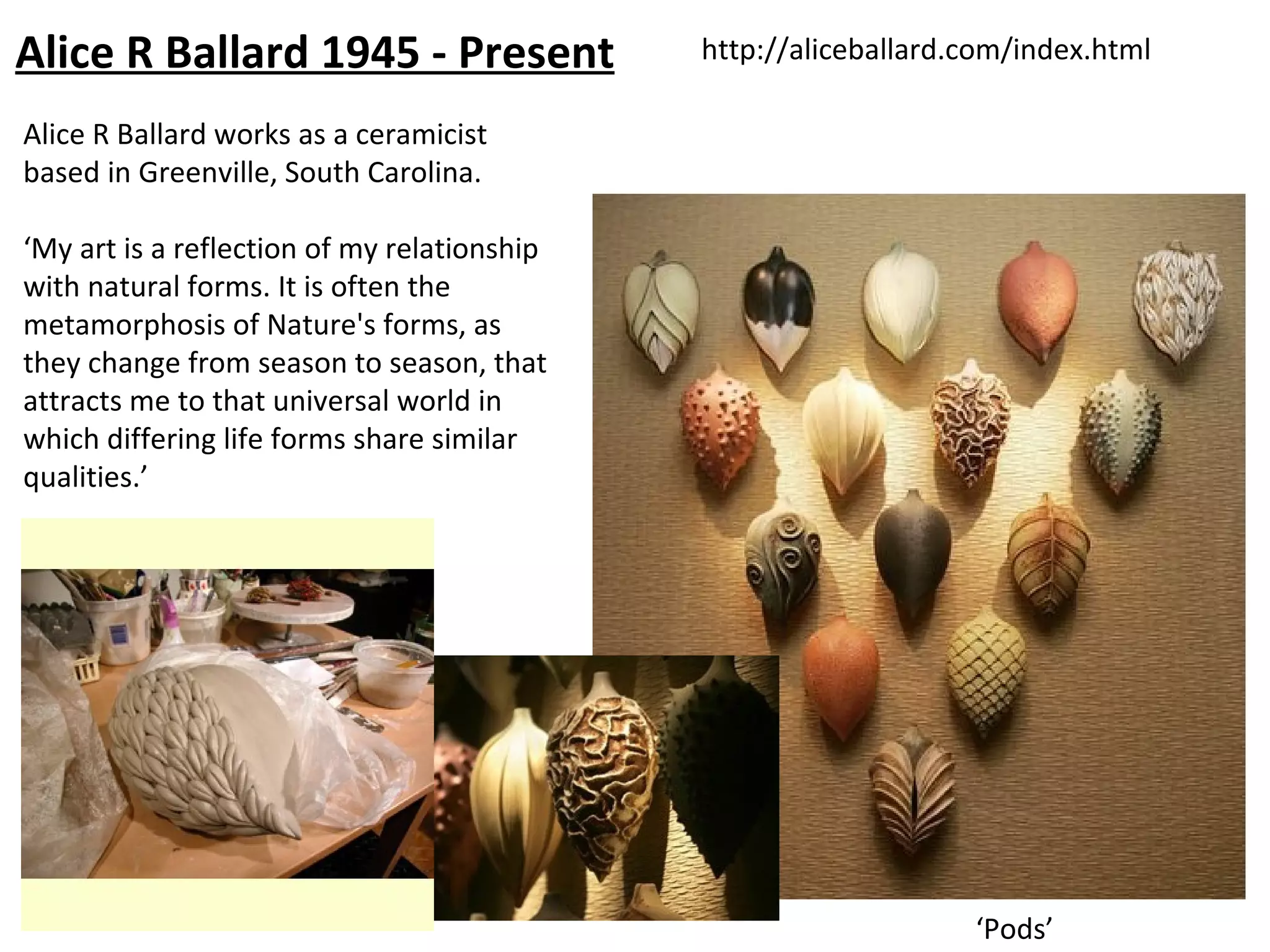 Alice R Ballard 1945 - Present               http://aliceballard.com/index.html

Alice R Ballard works as a ceramicist
based in Greenville, South Carolina.

‘My art is a reflection of my relationship
with natural forms. It is often the
metamorphosis of Nature's forms, as
they change from season to season, that
attracts me to that universal world in
which differing life forms share similar
qualities.’




                                                                 ‘Pods’
 