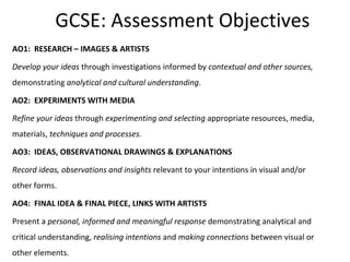 GCSE: Assessment Objectives
AO1: RESEARCH – IMAGES & ARTISTS

Develop your ideas through investigations informed by contextual and other sources,
demonstrating analytical and cultural understanding.

AO2: EXPERIMENTS WITH MEDIA

Refine your ideas through experimenting and selecting appropriate resources, media,
materials, techniques and processes.

AO3: IDEAS, OBSERVATIONAL DRAWINGS & EXPLANATIONS

Record ideas, observations and insights relevant to your intentions in visual and/or
other forms.

AO4: FINAL IDEA & FINAL PIECE, LINKS WITH ARTISTS

Present a personal, informed and meaningful response demonstrating analytical and
critical understanding, realising intentions and making connections between visual or
other elements.
 
