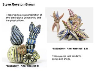 Steve Royston-Brown


  These works are a combination of
  two-dimensional printmaking and
  the physical form.




                                     ‘Taxonomy - After Haeckel I & II’


                                     These pieces look similar to
                                     corals and shells.

  ‘Taxonomy - After Haeckel III’
 