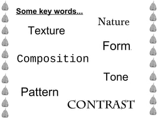 Some key words...
Composition
Form.
Pattern
Tone
Contrast
Texture
Nature
 