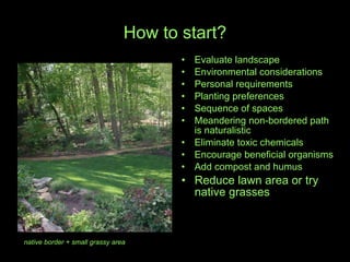 How to start? Evaluate landscape Environmental considerations  Personal requirements Planting preferences  Sequence of spaces Meandering non-bordered path is naturalistic Eliminate toxic chemicals Encourage beneficial organisms Add compost and humus Reduce lawn area or try native grasses native border + small grassy area  