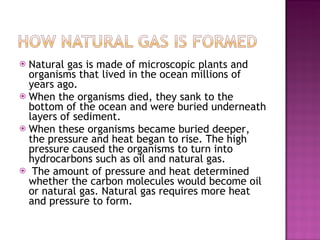 Natural gas is made of microscopic plants and organisms that lived in the ocean millions of years ago. When the organisms died, they sank to the bottom of the ocean and were buried underneath layers of sediment. When these organisms became buried deeper, the pressure and heat began to rise. The high pressure caused the organisms to turn into hydrocarbons such as oil and natural gas. The amount of pressure and heat determined whether the carbon molecules would become oil or natural gas. Natural gas requires more heat and pressure to form.