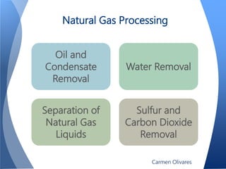 Natural Gas Processing
Oil and
Condensate
Removal
Water Removal
Separation of
Natural Gas
Liquids
Sulfur and
Carbon Dioxide
Removal
Carmen Olivares
 