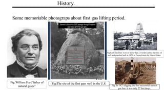 History.
Some memoriable photograps about first gas lifting period.
Fig:William Hart“father of
natural gases”
Fig:Early facilities were no more than a wooden cabin, like this oil
well and pipeline built in 1859 in Pennsylvania by Edwin Drake.
Fig: In 1821 digging the first successful natural
gas line. It was only 27 feet deep..
Fig:The site of the first gass well in the U.S.
 