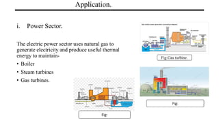 Application.
i. Power Sector.
The electric power sector uses natural gas to
generate electricity and produce useful thermal
energy to maintain-
• Boiler
• Steam turbines
• Gas turbines.
Fig:Gas turbine.
Fig:
Fig:
 