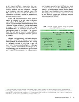 Natural Gas and Climate Change l 26
as it is transferred from a transmission line into a
connections in total, and it assumes no leakage occurs
leakage of methane is at the metering/regulating
factor for each type of station is multiplied by the
estimated number of that type of station in operation
account for most of the rest of the estimated methane
unprotected steel, protected steel, plastic, and copper
Table 5. Pipeline methane emission factors and pipeline
mileage in EPA’s 2013 inventory.20
h
Protected steel refers to carbon steel pipes equipped with a special material coating or with cathodic protection to limit corrosion that can
lead to leakage. (Cathodic protection involves the use of electrochemistry principles.)The use of cast iron and unprotected steel pipes, which are
susceptible to corrosion, is declining. Nevertheless, there are still an estimated 100,000 miles of distribution pipe made of cast iron or unprotected
steel and more than 4.2 million unprotected steel service lines still in use.23
steel pipes are assumed to have high leak rates, based
h
inventory also estimates the number of miles of each
type of pipe in the distribution system and the number
of each type of service connection to customers based
Distribution mains
Cast iron
Unprotected Steel
Plastic
Protected steel
Transmission pipelines
Annual Leak Rate Miles of Pipe
239,000
110,000
9,910
3,070
33,586
64,092
645,102
488,265
 