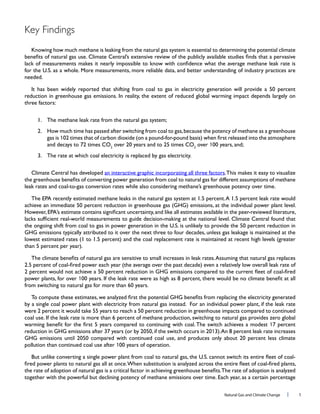 Natural Gas and Climate Change l 1
Key Findings
Knowing how much methane is leaking from the natural gas system is essential to determining the potential climate
three factors:
The methane leak rate from the natural gas system;
gas is 1
2 2
over 1
Climate Central has developed an interactive graphic incorporating all three factors
power plants, for over 1
17 percent
1
pollution than continued coal use after 1
 